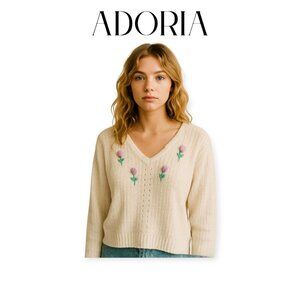 Adoria Vintage Y2K Grannycore Cottagecore Embellished V Neck Sweater Small